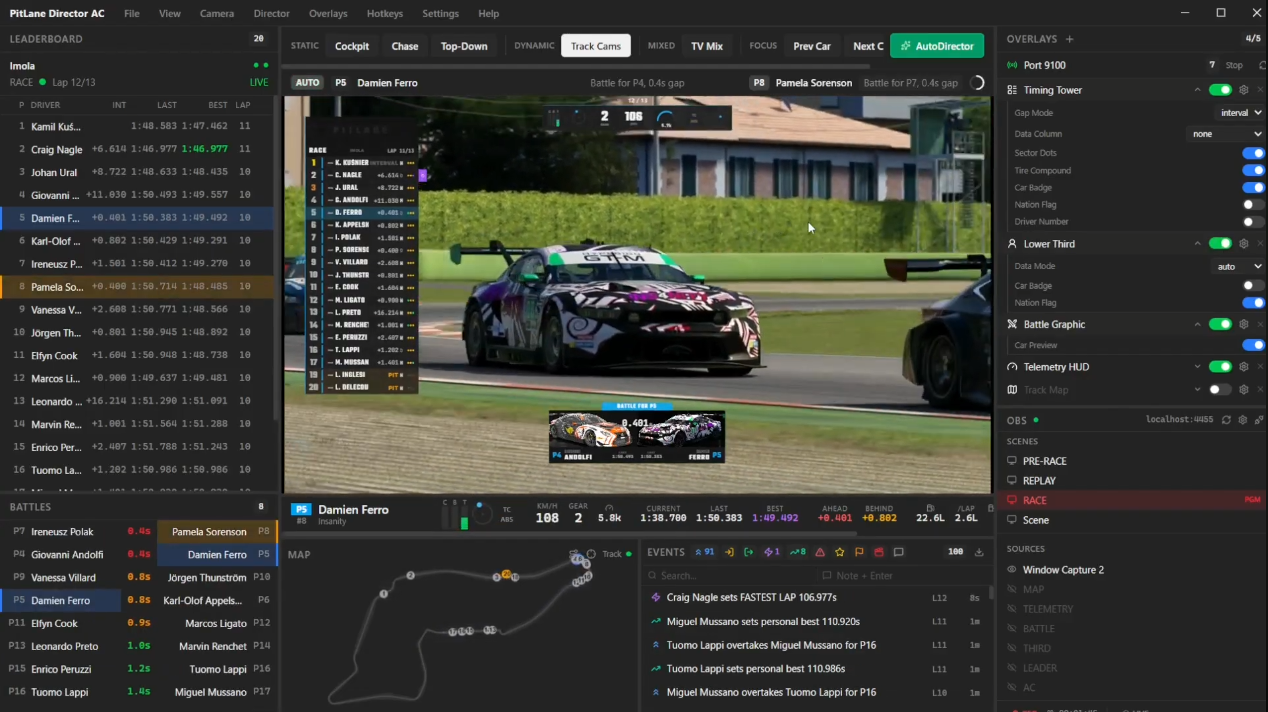 PitLane Director AC broadcast dashboard showing live race leaderboard, battle detection, minimap, and camera controls for Assetto Corsa