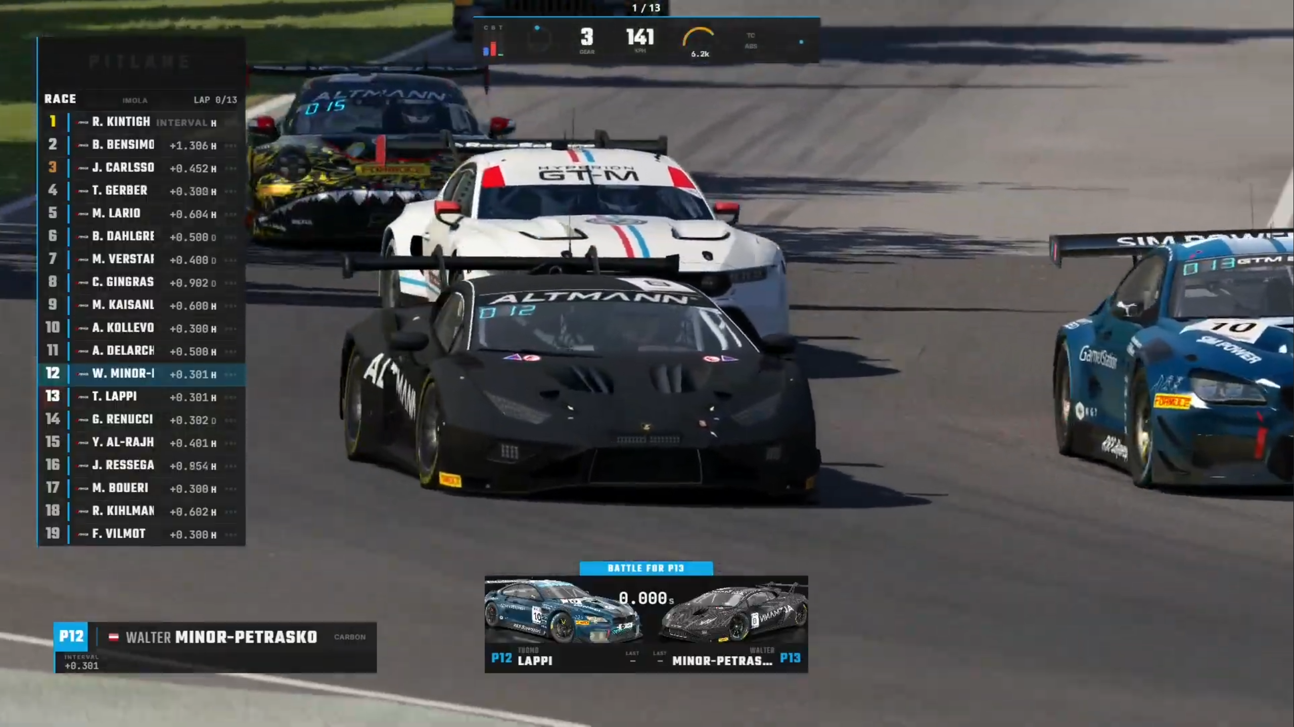 PitLane Director AC broadcast overlay output showing timing tower, lower third, and battle graphic on an Assetto Corsa race stream